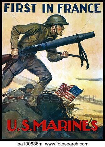 Stock Illustration - World War One poster of Marines charging into battle behind the American flag.. Fotosearch