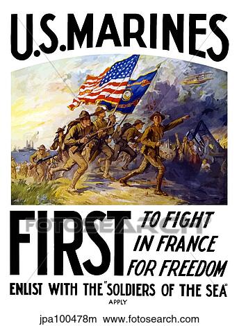 Stock Illustration - World War One poster of US Marines charging forward during a battle.. Fotosearch