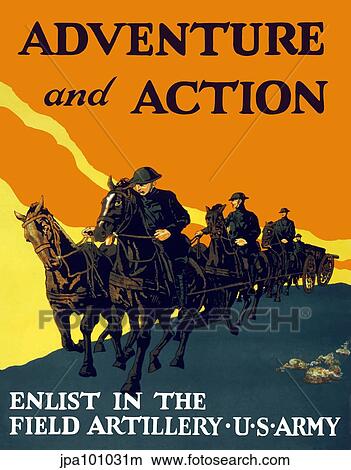 Stock Illustration - World War One propaganda poster of soldiers pulling artillery with horses.. Fotosearch