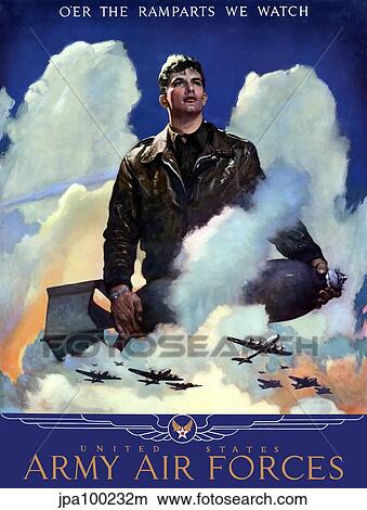 Stock Illustration - World War Two poster of an American Air Force Pilot staring into the clouds.. Fotosearch