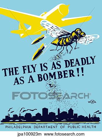 WPA propaganda poster of a bomber plane and a fly dropping germs. View Large Illustration Stock Illustration - WPA propaganda poster of a bomber plane and a fly dropping germs.. Fotosearch