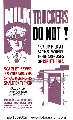 Stock Illustration - WPA propaganda poster of a milk truck driver and the doorway of a house.. Fotosearch