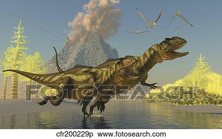 Stock Illustration - Yangchuanosaurus dinosaurs running across a stream as a volcano erupts.. Fotosearch