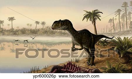 Stock Illustration - Yangchuanosaurus eats the carrion of a dead animal.. Fotosearch