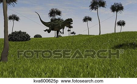 Stock Illustration - Yangchuanosaurus running across a grassy field.. Fotosearch