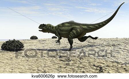 Yangchuanosaurus running across a barren landscape. View Large Illustration Stock Illustration - Yangchuanosaurus running across a barren landscape.. Fotosearch