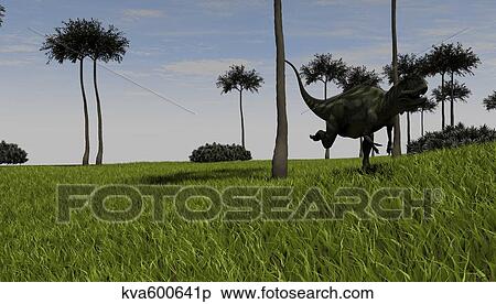 Stock Illustration - Yangchuanosaurus running across a grassy field.. Fotosearch