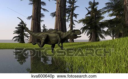 Yangchuanosaurus running through a swamp. View Large Illustration Stock Illustration - Yangchuanosaurus running through a swamp.. Fotosearch