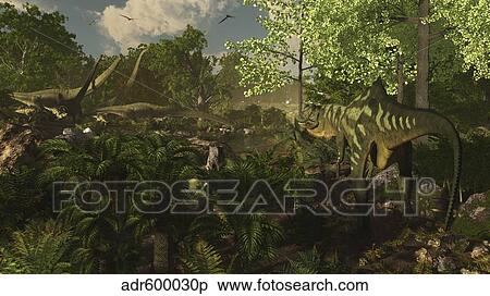Yangchuanosaurus spies on a group of Mamenchisaurus. View Large Illustration Stock Illustration - Yangchuanosaurus spies on a group of Mamenchisaurus.. Fotosearch