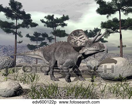 Stock Illustration - Zuniceratops dinosaur walking on a hill with large rocks and pine trees.. Fotosearch