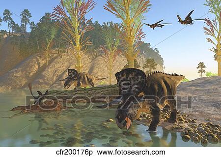 Stock Illustration - Zuniceratops dinosaurs drinking water from a river.. Fotosearch