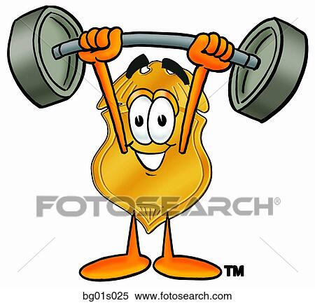 Clipart - Badge lifting weights high. Fotosearch