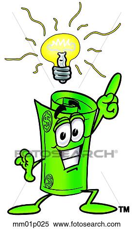 Clipart - Dollar rolled with bright idea. Fotosearch