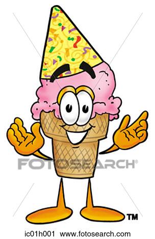 Clipart - Ice cream cone in party hat. Fotosearch