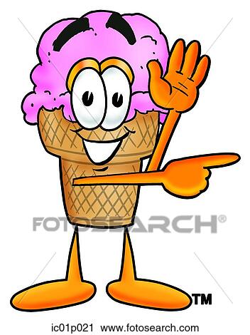 Clipart - Ice cream cone waving and pointing. Fotosearch