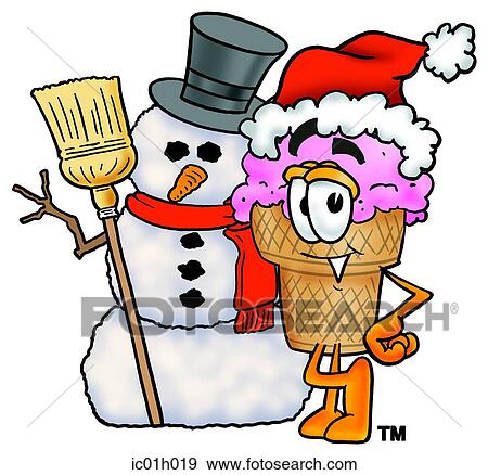 Clip Art - Ice cream cone with snowman. Fotosearch