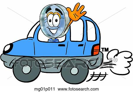 Clipart - Mag glass driving a car. Fotosearch