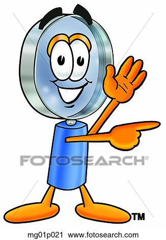 Clipart - Mag glass waving and pointing. Fotosearch
