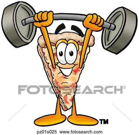 Clipart - Pizza lifting weights high. Fotosearch