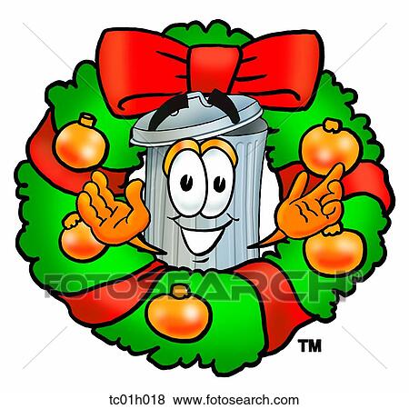 Clip Art - Trash can in wreath. Fotosearch