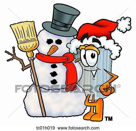 Clip Art - Trash can with snowman. Fotosearch