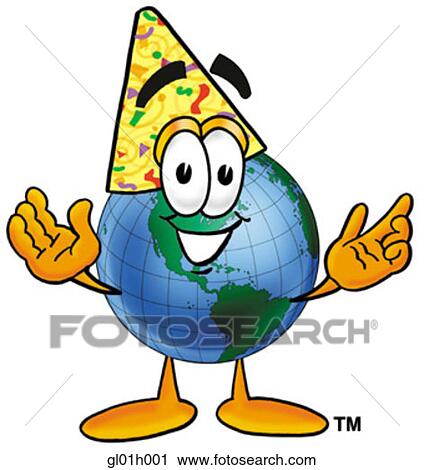 Clipart - Globe man in party hat. Fotosearch
