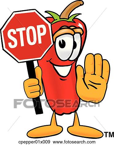 Clip Art - chili pepper holding stop sign. Fotosearch
