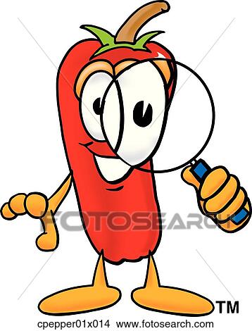 Clipart - chili pepper with magnifying glass. Fotosearch