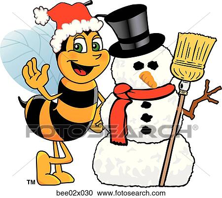 Bumble Bee 2 With Snowman And Santa Hat View Large Illustration Clipart - Bumble Bee 2 With Snowman And Santa Hat. Fotosearch