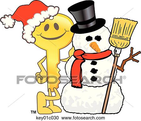 Key With Snowman And Santa Hat View Large Illustration Clipart - Key With Snowman And Santa Hat. Fotosearch