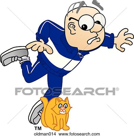 Stock Illustration - Old Man Tripping over Cat. Fotosearch