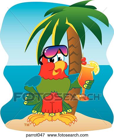 Stock Illustration - Parrot on the Beach with Tropical Drink. Fotosearch