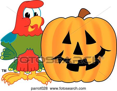 Stock Illustration - Parrot with Halloween Pumpkin. Fotosearch