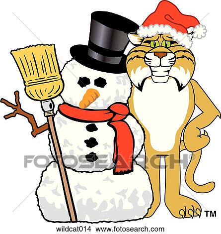 Stock Illustration - Wildcat Wearing Santa Hat with Snowman. Fotosearch