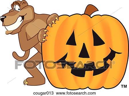 Drawing - Cougar with Halloween Pumpkin. Fotosearch