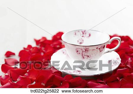 Drawing - rose petals and tea cup. Fotosearch
