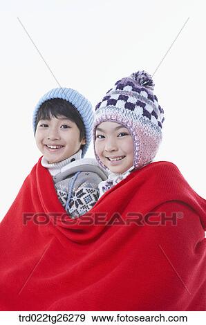Stock Illustration - boy and girl in the red blanket. Fotosearch