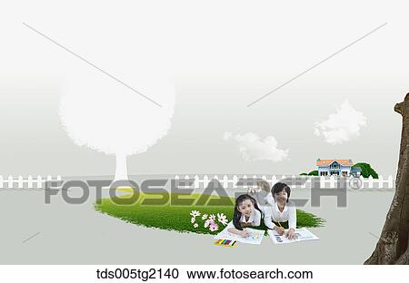 brother and sister in eco friendly background View Large Illustration Clipart - brother and sister in eco friendly background. Fotosearch