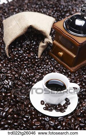 Stock Illustration - coffee and roasted beans and grinder. Fotosearch