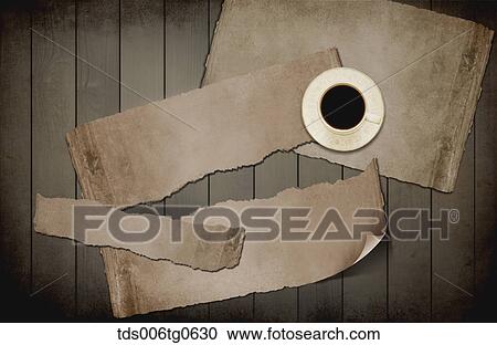 Clipart - coffee and torn paper background. Fotosearch