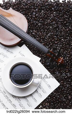 Stock Illustration - coffee and violin on the roasted bean field. Fotosearch