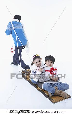 Stock Illustration - father pulling the sled that children were sitting. Fotosearch