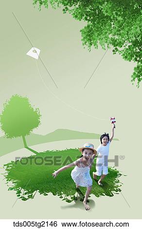 girl and boy running a kite View Large Illustration Stock Illustration - girl and boy running a kite. Fotosearch