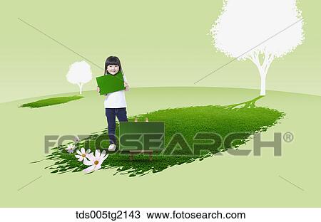 Drawing - girl in eco friendly background. Fotosearch