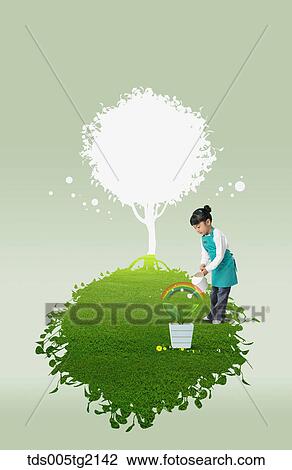 Drawing - girl is watering the plant in eco friendly background. Fotosearch