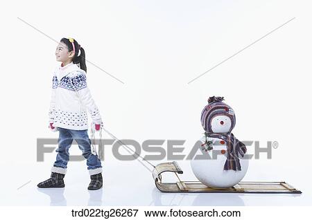 girl pulling the sled that snowman was on it View Large Illustration Stock Illustration - girl pulling the sled that snowman was on it. Fotosearch
