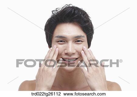 Drawing - guy touchung his face with his fingers. Fotosearch