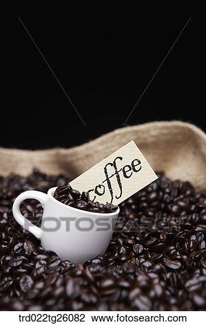 Drawing - roasted coffee beans and cup in the sack. Fotosearch