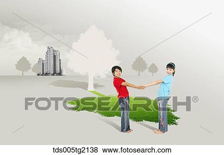 Stock Illustration - sister and brother in eco friendly mind. Fotosearch