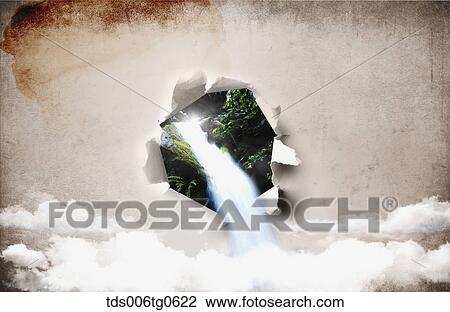 Drawing - waterfall flodded background. Fotosearch